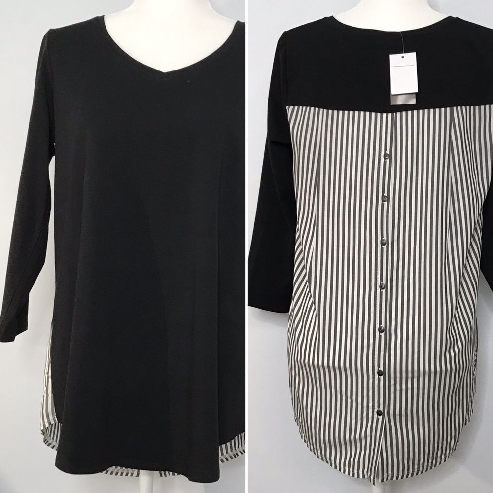 J. Jill Mixed Media Tunic Small Button Back Striped High Low Blouse NWT